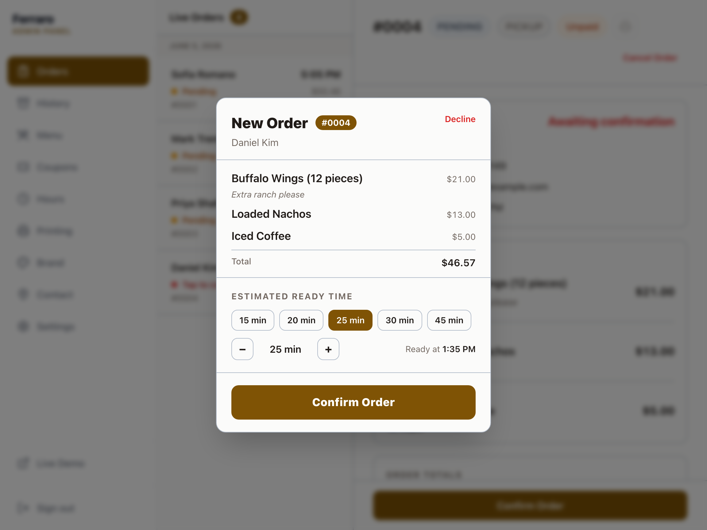 Ferraro admin panel - new order confirmation with estimated ready time